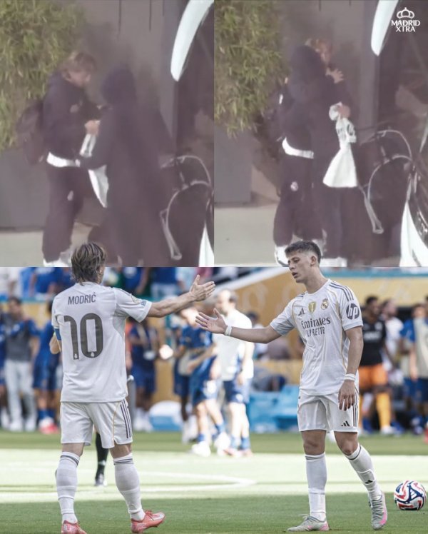接棒😢回到马德里后莫德里奇将自己的运动活动    服  给居勒尔，两人拥抱